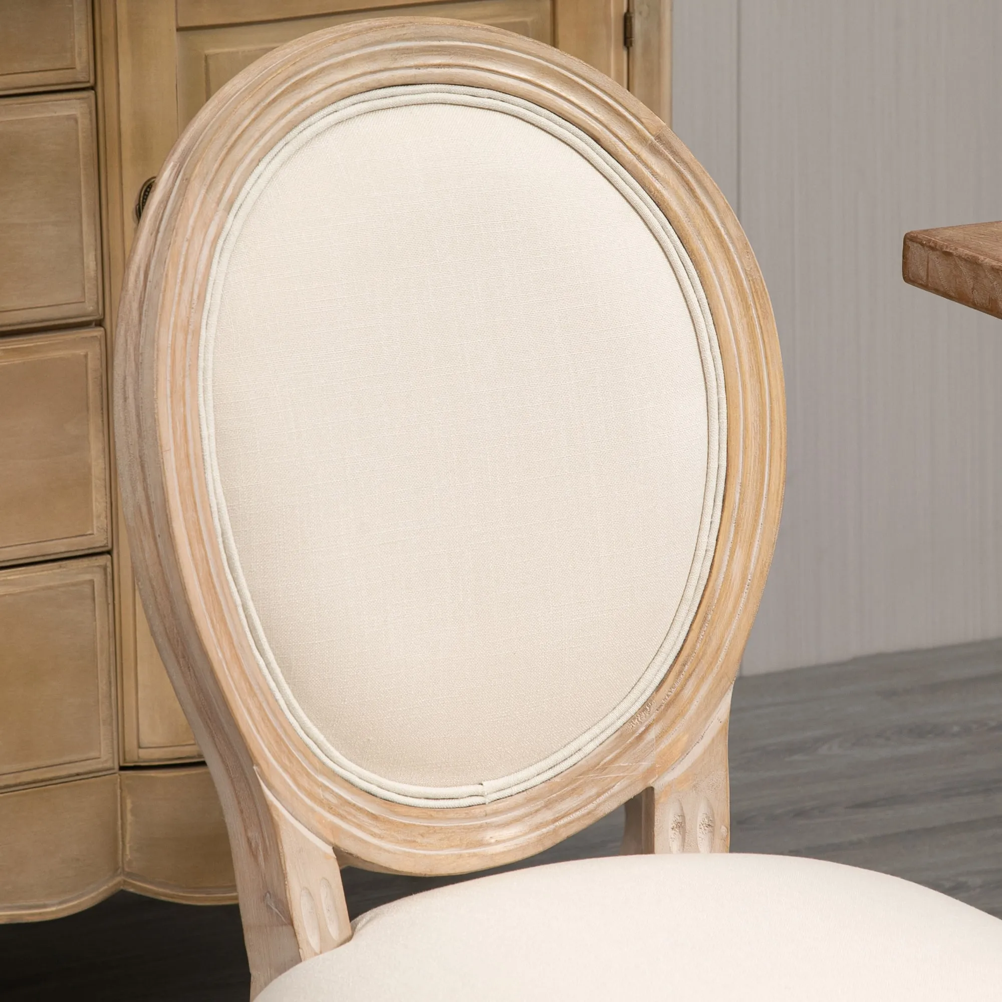 2 vaste eetkamerstoelen vintage keukenstoel gestoffeerde stoel met rugleuning linnen touch rubber hout crème wit+natuur 49 x 56 