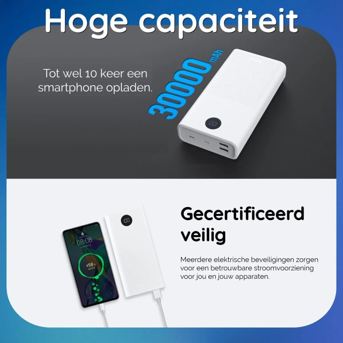 30000 mAh Powerbank + Snellader met USB-C Oplader Kabel - 10x Opladen - Quick en Fast Charge - USB C en USB A