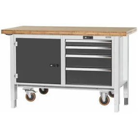 GARANT GridLine Werkbank, verrijdbaar, elektrisch in de hoogte verstelbaar, kabel, links deur, rechts 4 lades, Bamboeblad, 20×20
