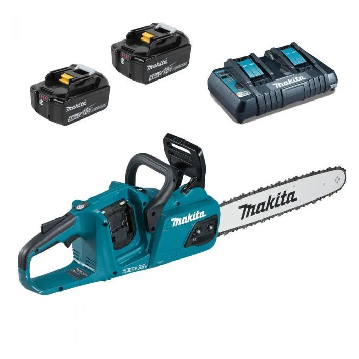 Makita DUC355PT2 2x18V Kettingzaag 35cm met 2x5,0Ah Accu en Duo Snellader in Doos