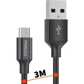 Micro USB kabel 3 Meter | USB A naar Micro USB | Nylon Gevlochten | Quick en Fast Charge | 2.4A Snellaadkabel | Zwart | 3 meter 
