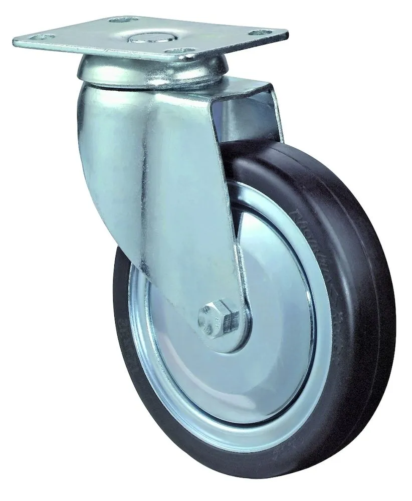 ZWENKWIEL Ø 100MM, LOOPVL RUBBER, ZWART EL. GELEID., STALEN VELG, KOGELL., 80KG